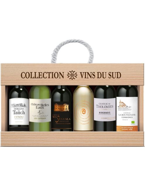 Collection Vins du Sud – 6 kleine flesjes in houten kist uit Languedoc-Roussillon Collection Vins du Sud – 6 kleine flesjes in houten kist uit Languedoc-Roussillon