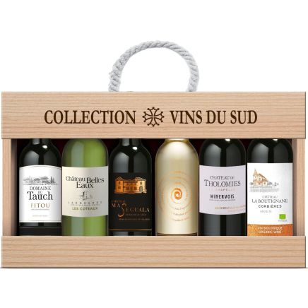Collection Vins du Sud – 6 kleine flesjes in houten kist uit Languedoc-Roussillon 