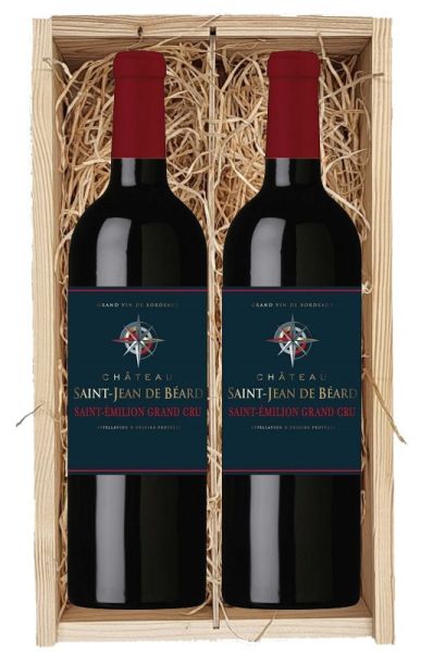 2 flessen Château Saint-Jean de Béard Saint-Émilion Grand Cru 2020 in houten kist