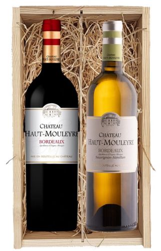 2 flessen Chateau Haut-Mouleyre Bordeaux Rouge en Château Haut-Mouleyre Bordeaux AOP Sauvignon-Sémillon in houten kist