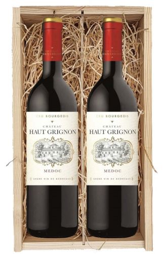 2 flessen Château Haut Grignon Médoc Cru Bourgeois 2016 in houten kist