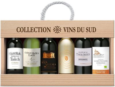 Collection Vins du Sud – 6 kleine flesjes in houten kist uit Languedoc-Roussillon 